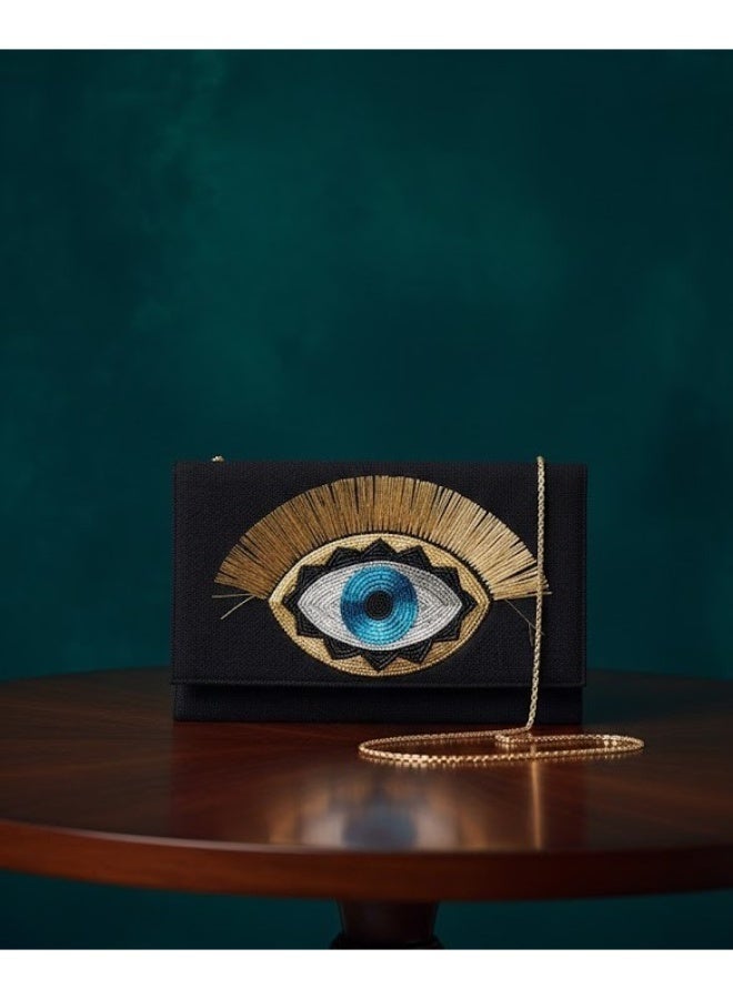 zoba Elegant women's wallet bag with a gold chain - can be worn crossbody or clutch - distinctive and luxurious eye design for outings and occasions (black) - Image 1